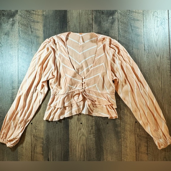 FREE PEOPLE Blouse Womens Small Pink & White Stripe Samifran Balloon Sleeve Top - Picture 5 of 11